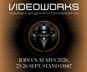 Advert for Videoworks featuring a stylised motorboat, with text about Audio/Video, Lighting, IT and Security, as well as dates and details of stand details at Monaco Yacht Show.