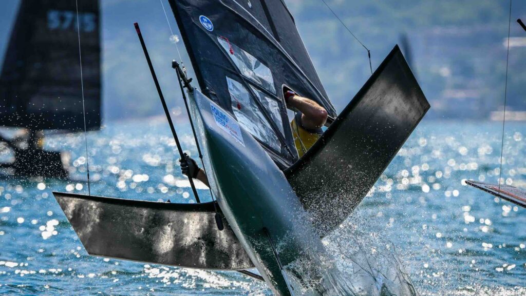 bow on shot of foiling yacht
