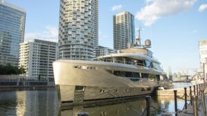 Superyacht moored near Canary Wharf in London
