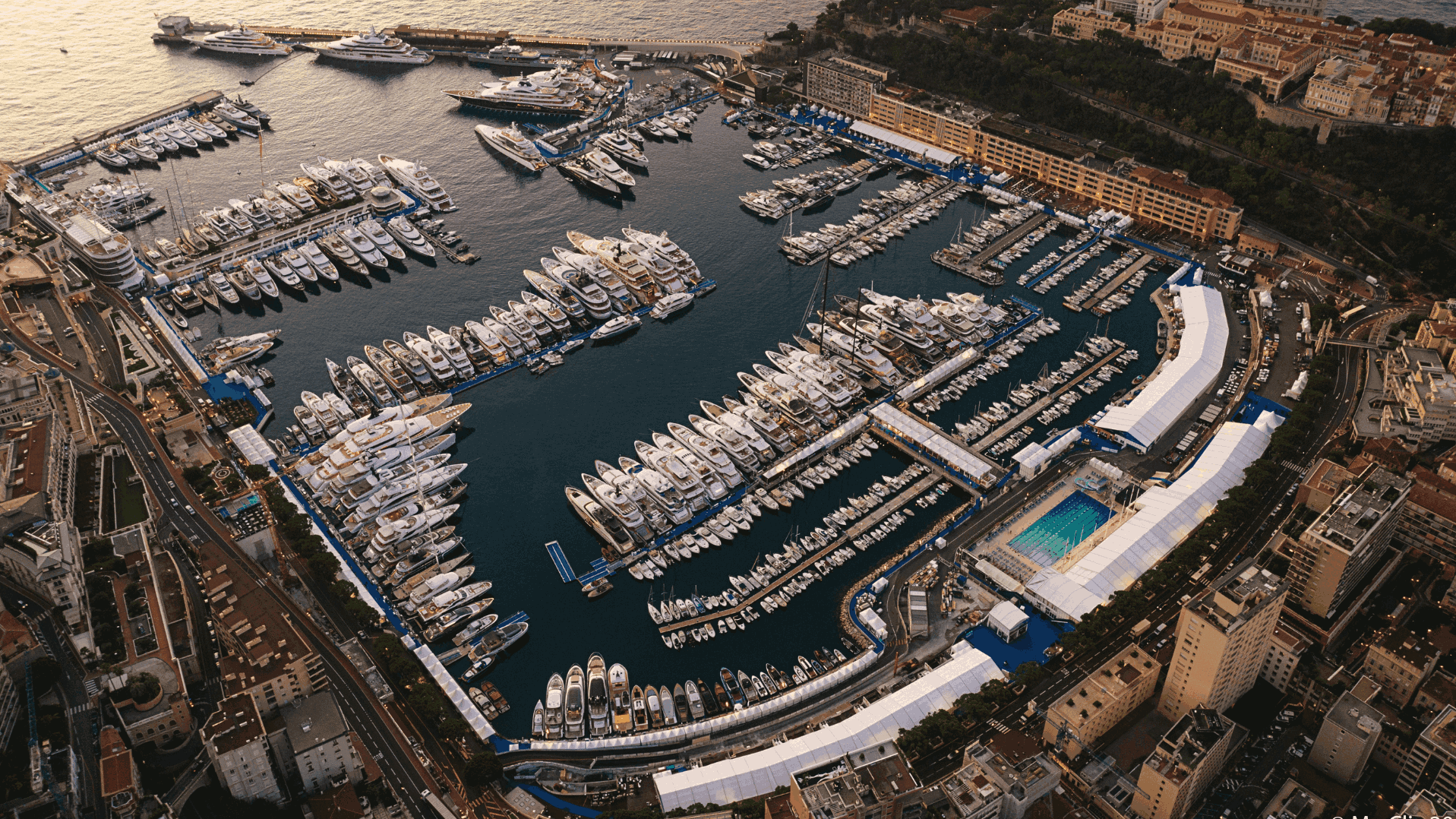 Aerial view of Port Hercule during the Monaco Yacht Show