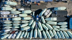 aerial view of shrinkwrapped boats