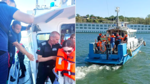 Bulgarian border force help people onto small boat