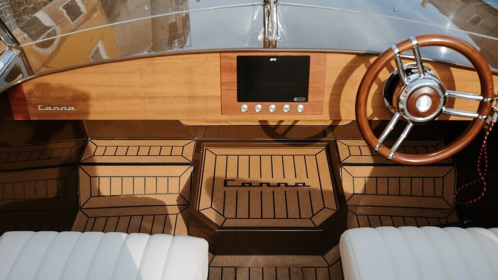 Cockpit of a CANNA One electric runabout with Navicork FD01 cork decking.