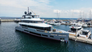 Sirena Yachts' new flagship, the 36-metre Sirena 118, in the water post-launch