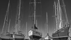 A black and white image of sailing yachts on the hard standing