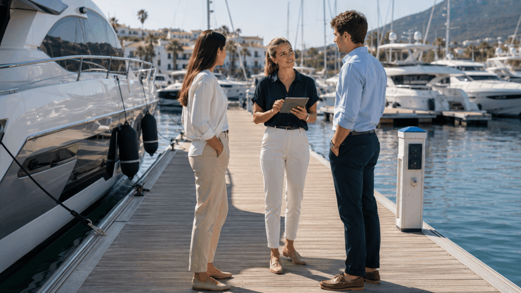Three young professionals stand on a marina pontoon beside moored yachts, discussing plans during a site visit at a D-Marin marina.