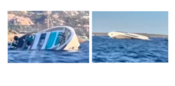 Angiola II on its side in water in Italy image courtesy of lanuovasardegna via footage shared on Instagram