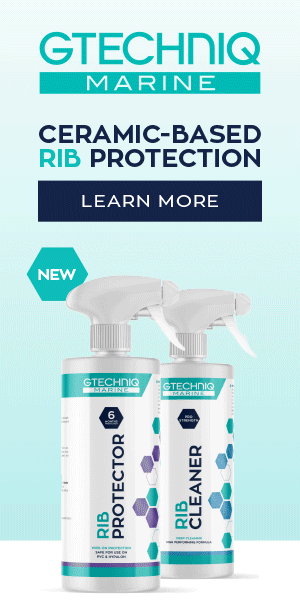 Gtechniq Marine ceramic-based rib protection and cleaner spray bottles with a "Learn More" button.