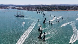 Aerial view The RORC Round Britain and Ireland Race sets off from Cowes