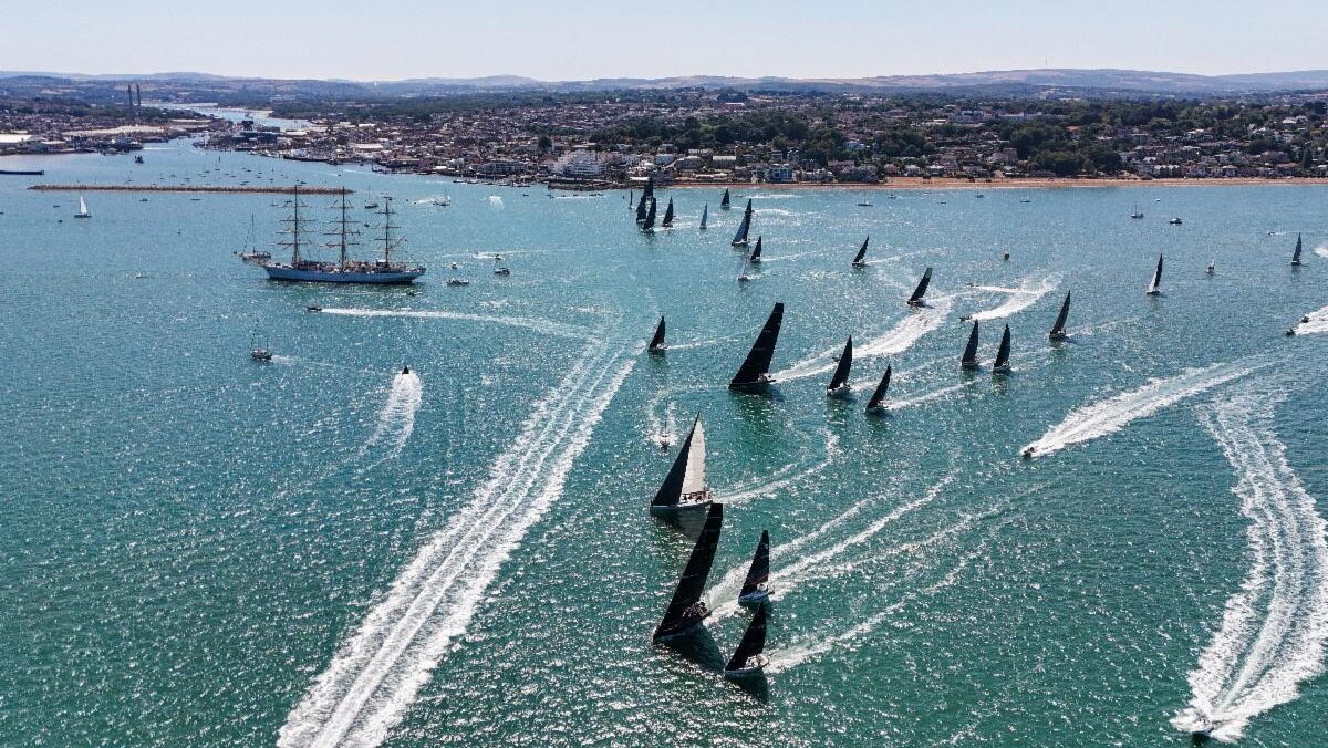 Aerial view The RORC Round Britain and Ireland Race sets off from Cowes