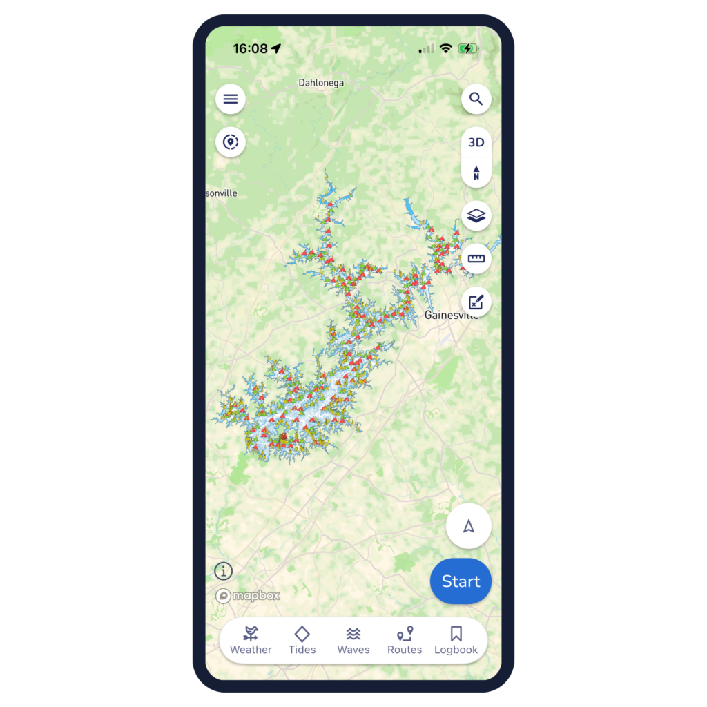 Phone screenshot showing map of Lanier Lake