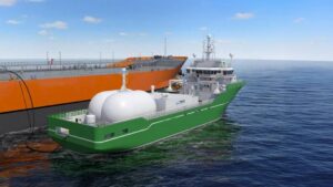 Concept image of a purpose-built offshore support vessel equipped with Nord Gas Solutions’ VOC recovery system alongside a tanker at sea