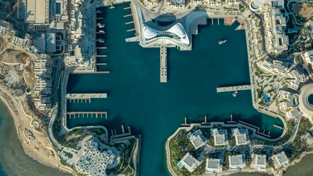 Aerial rendering of Red Sea Amaala Yacht Club marina