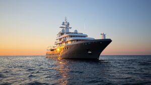 a superyacht on the sea with sun setting in backgorund
