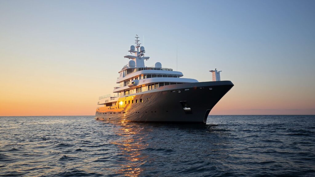 a superyacht on the sea with sun setting in backgorund