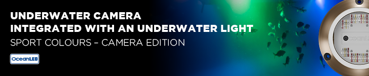 Banner showing “Underwater camera integrated with an underwater light” with a photo of an underwater camera, OceanLED logo, and a blue-green aquatic background with small fish.