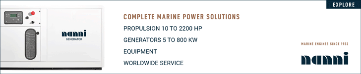 Banner advertisement showcasing marine power solutions, highlighting propulsion, generators, equipment and global services by Nanni. Also, gives details of the company’s stand at Genoa Boat Show.