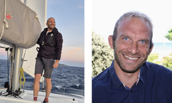 two image collage, man on sail boat and close up man smiling