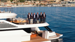 Azimut yacht with representatives of Assets Group and Azimut Yachts during the partnership signing at the Cannes Yachting Festival