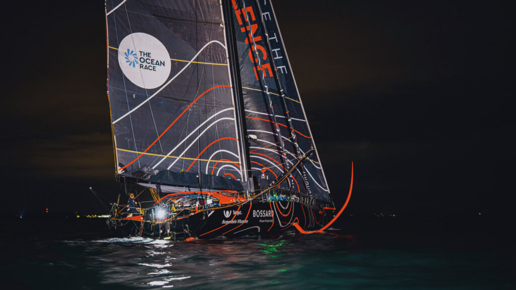 United by the Ocean sails at night during the Ocean Race Atlantic