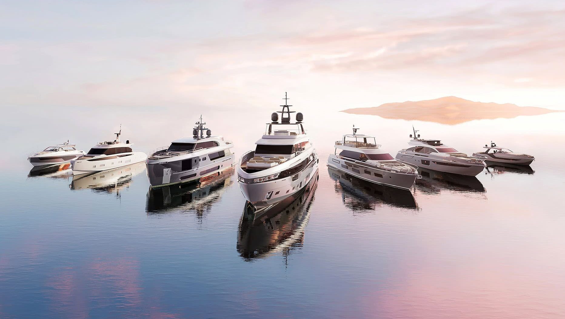 A fleet of Azimut motor yachts anchored on calm water at sunset.