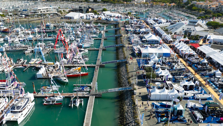 overhead view of boat show in marina