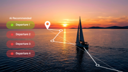 boat sails into sunset with data overlap showing best days for weather