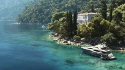 superyacht moored off a wooded coastline. Image courtesy of Yotspot