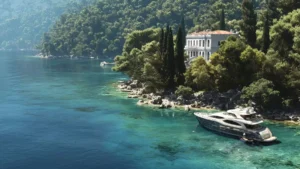 superyacht moored off a wooded coastline. Image courtesy of Yotspot